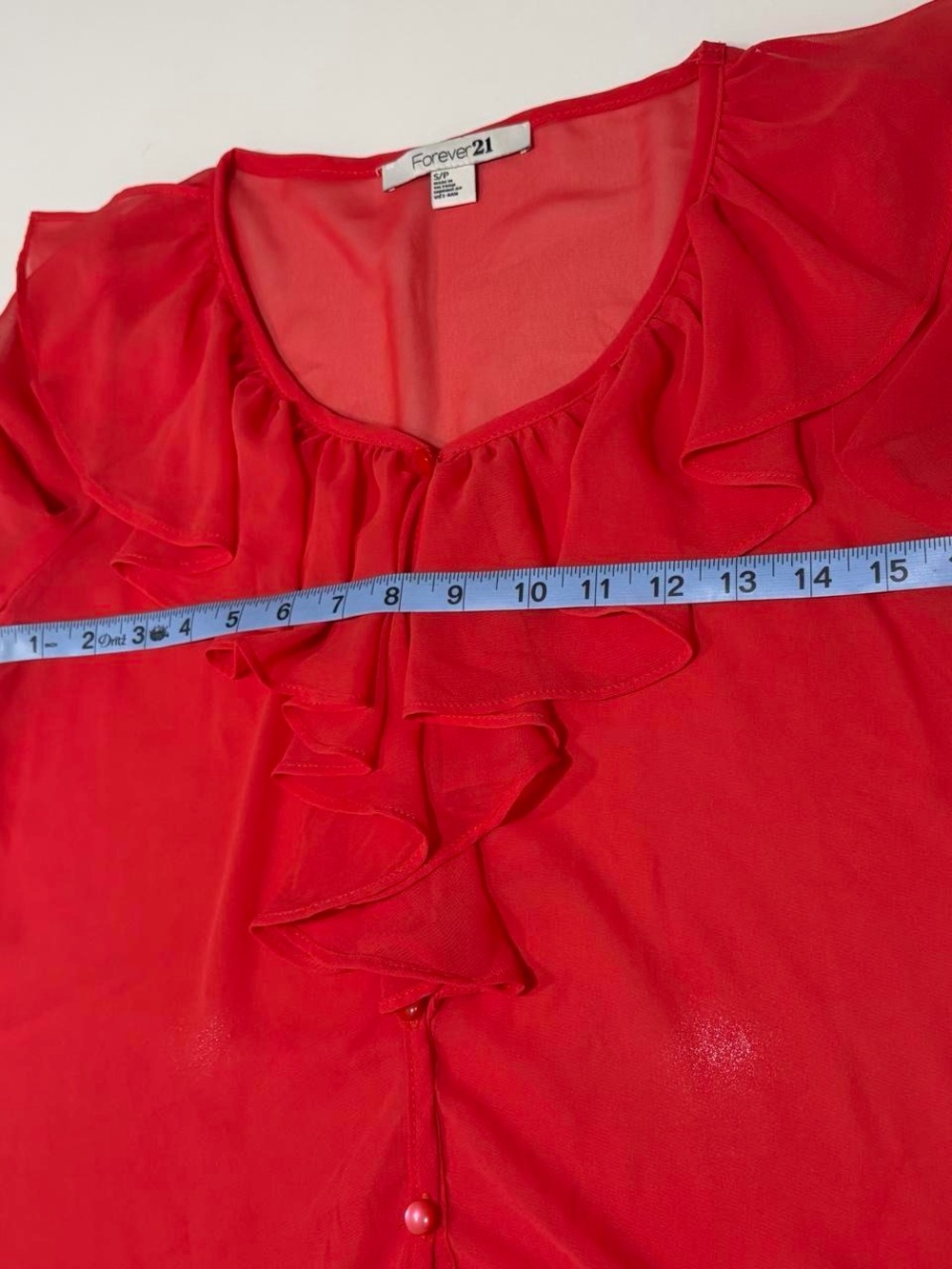 Red Ruffle-Front Sheer Blouse - Picture 8 of 8